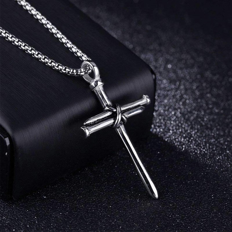 MUERDOU Cross Necklace for Men Cross Pendant STRENGTH Bible Verse Stainless Steel Necklace Silver Nail - Image 3